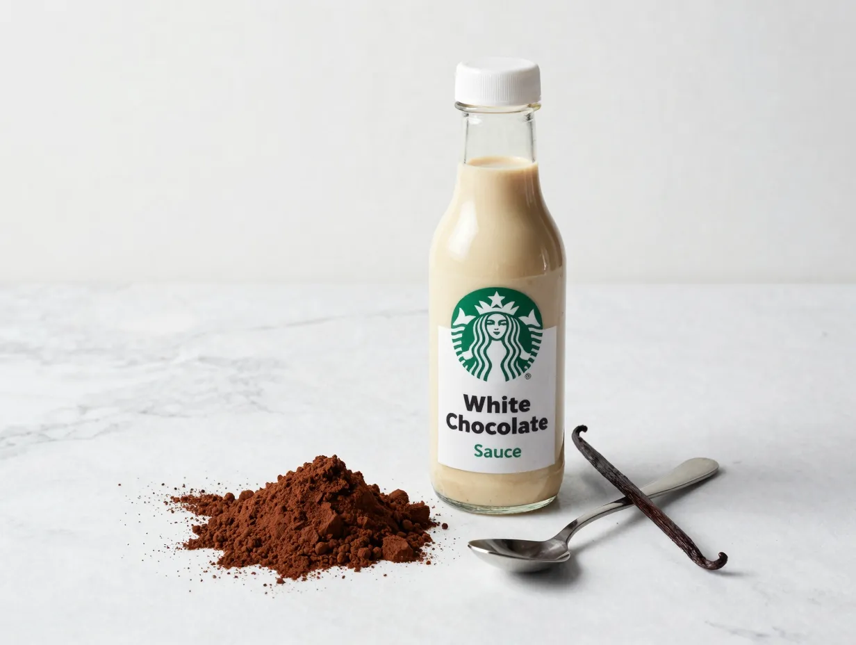 White chocolate mocha sauce bottle contrasted with cocoa powder
