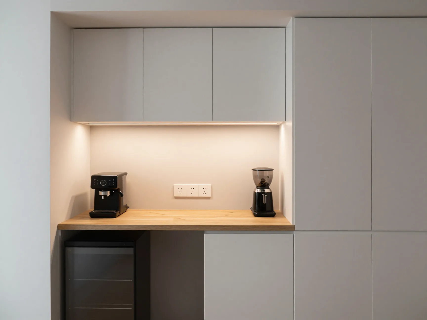 Built in wall nook station with cabinets and countertop