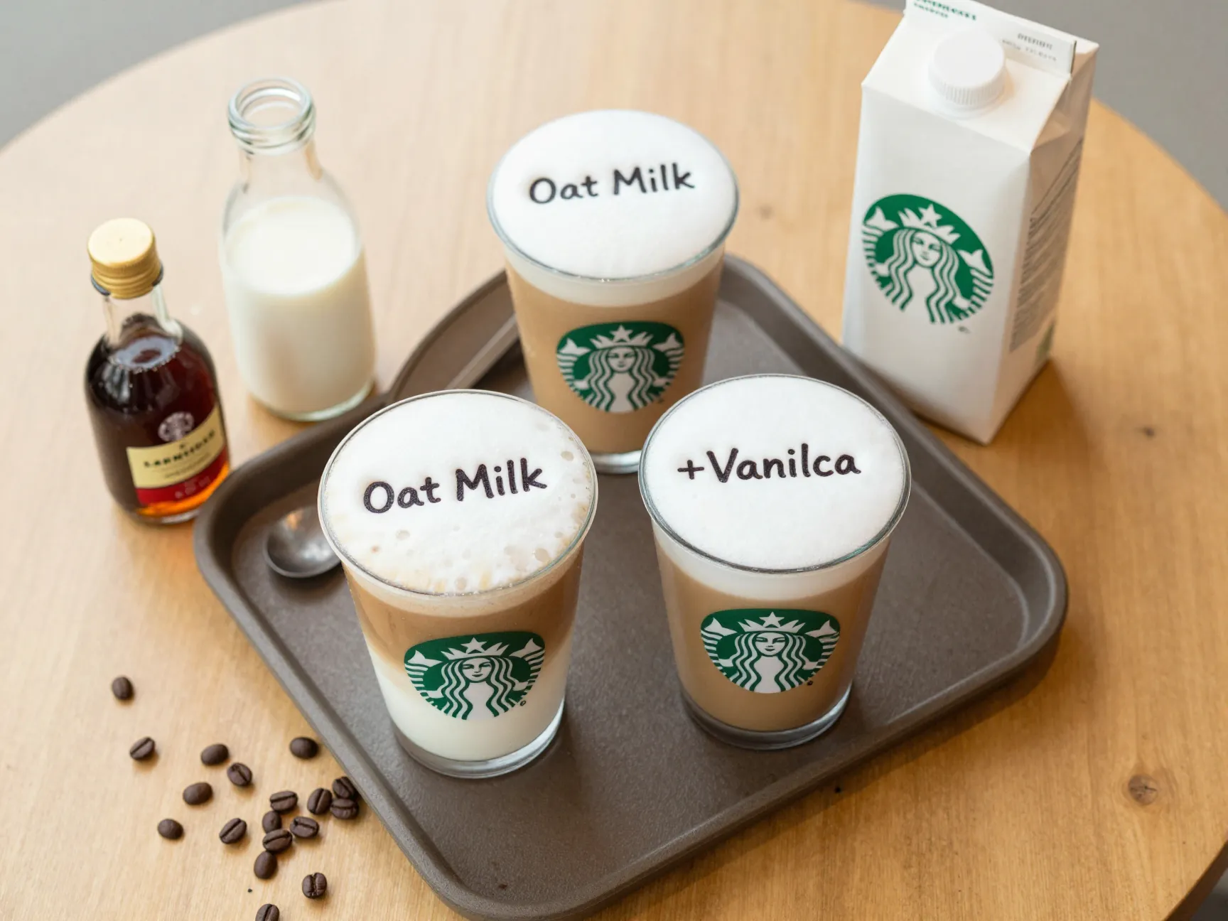 Customized mocha drinks with oat milk and vanilla syrup on tray