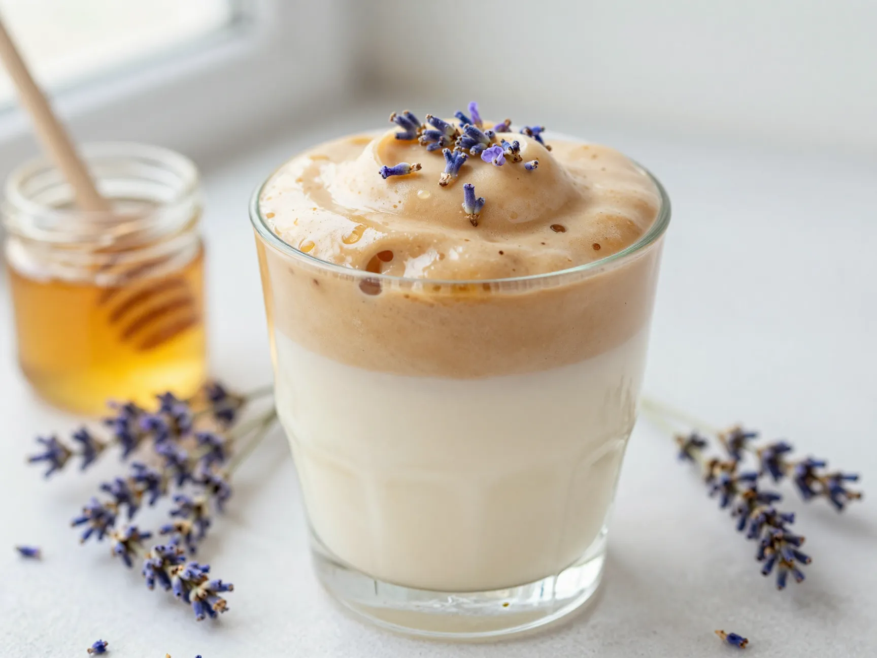 Floral lavender honey dalgona over cold oat milk