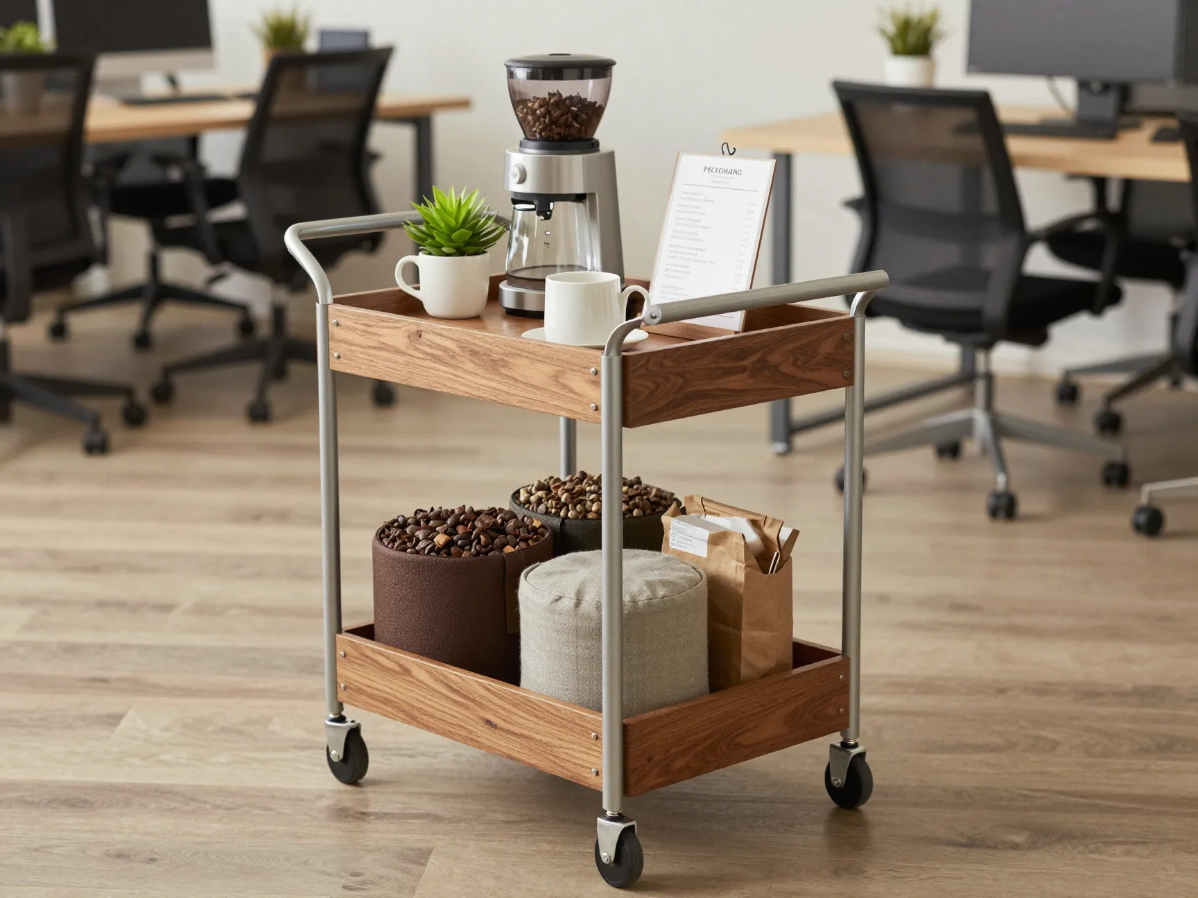 Rolling coffee cart with three tiers and locking wheels