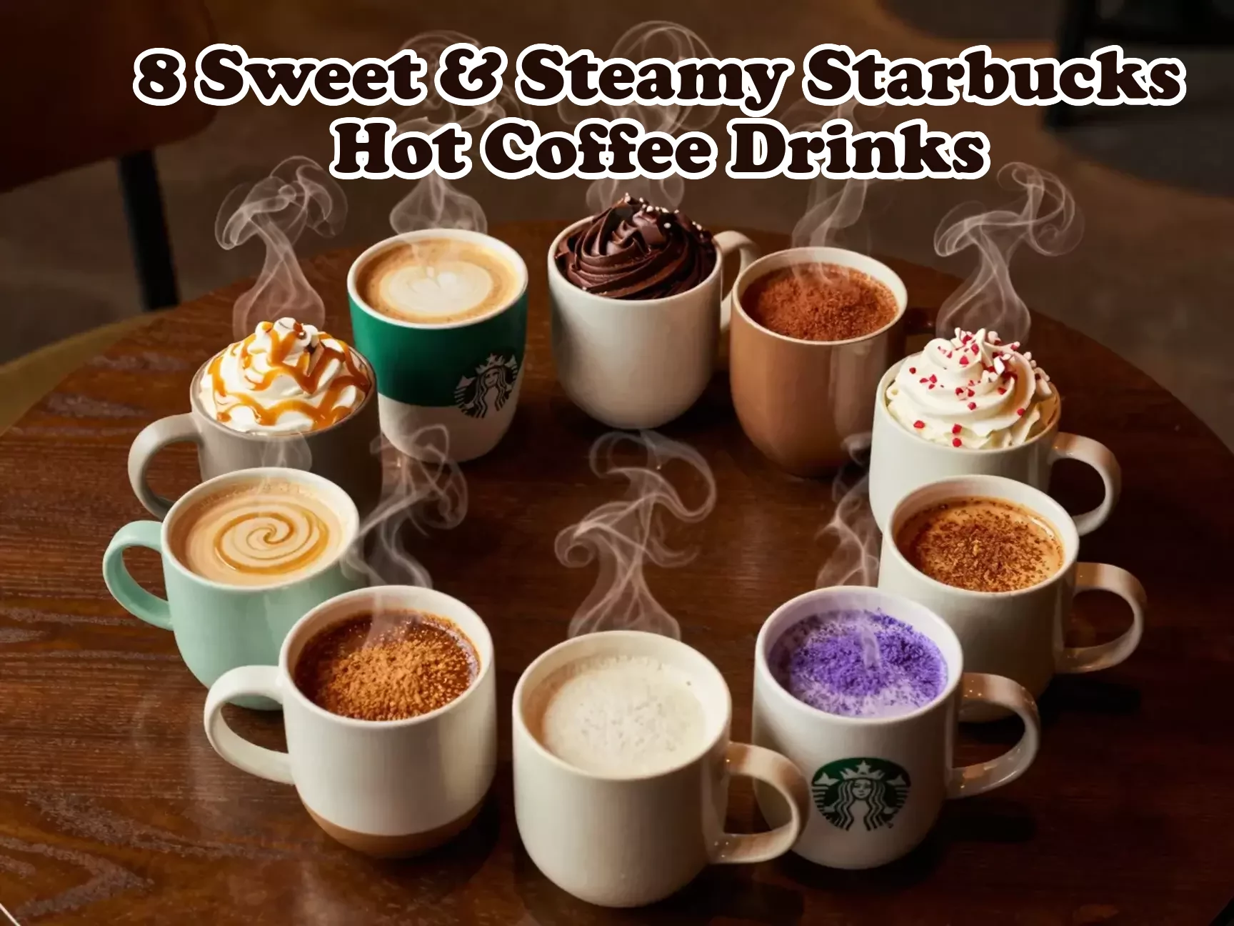 Eight steaming starbucks mugs circular arrangement warm cozy light main