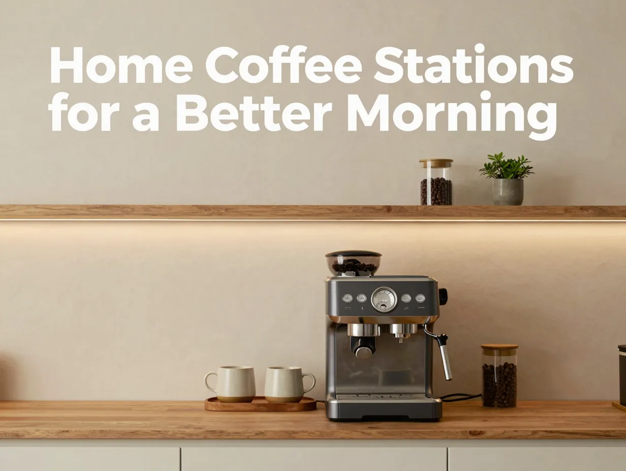 Espresso machine mugs shelf plant wood tray led lighting warm mood