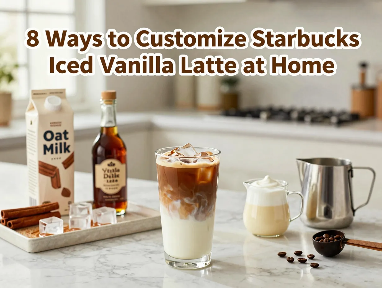 Homemade iced vanilla latte customization ingredients flat lay overhead