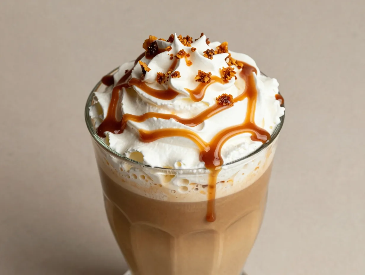 Caramel brulée latte with caramel sauce topped whipped cream topping