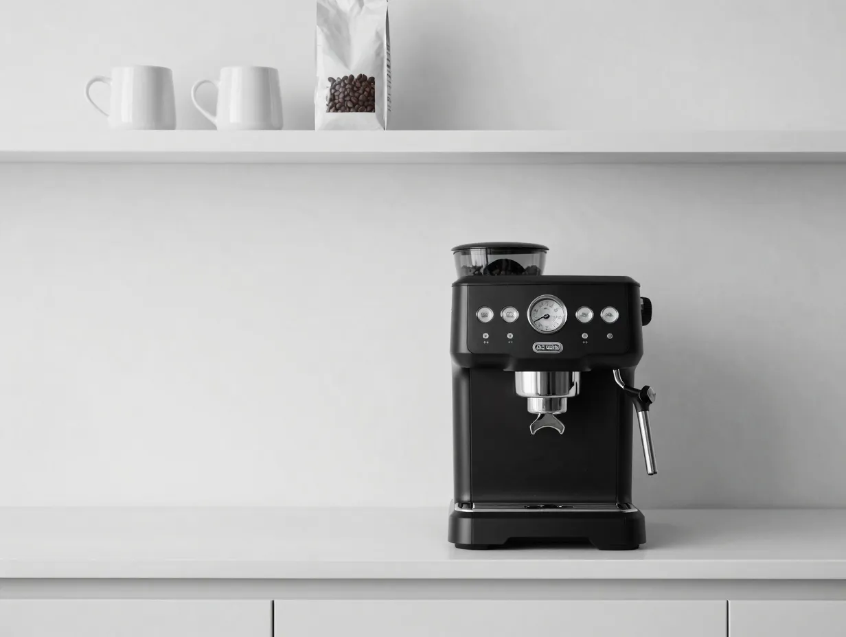 Sleek black espresso machine centered on a minimalist white countertop
