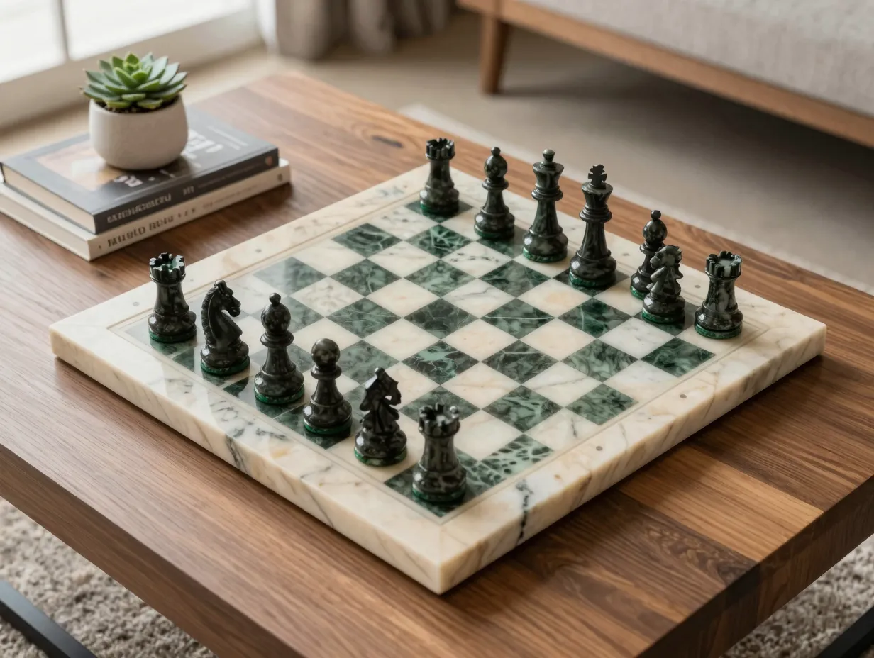 Timeless marble chess set displayed on a modern coffee table