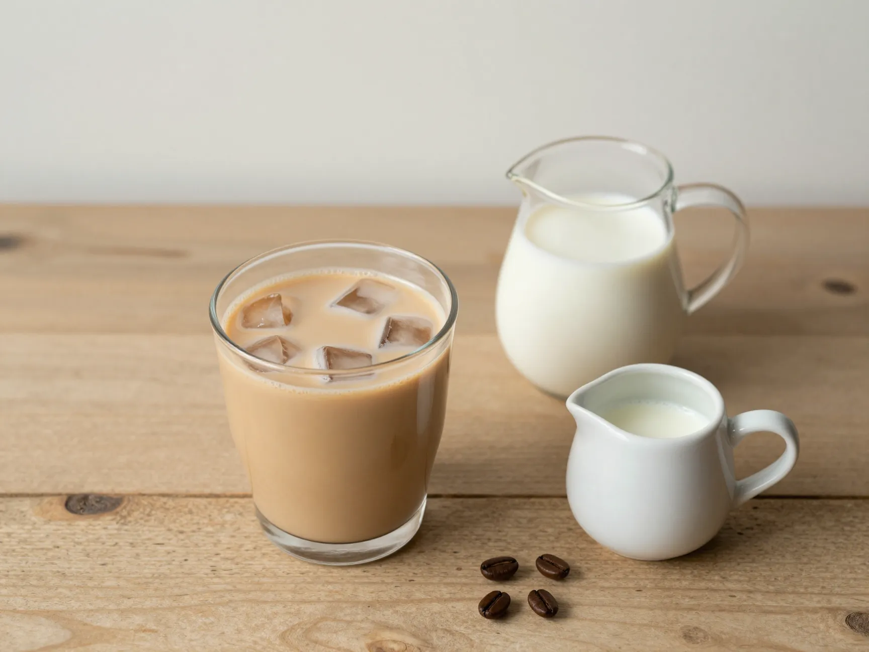 Oat milk latte glass next to creamy pitcher