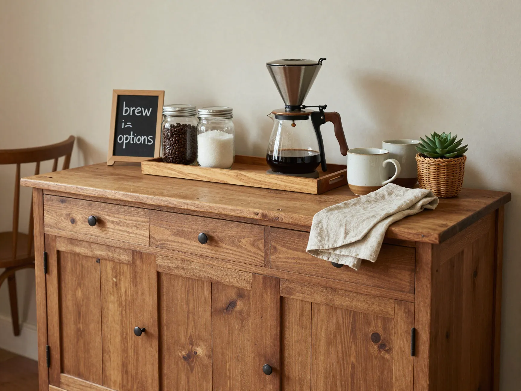 Vintage wooden sideboard displaying a rustic farmhouse coffee bar setup