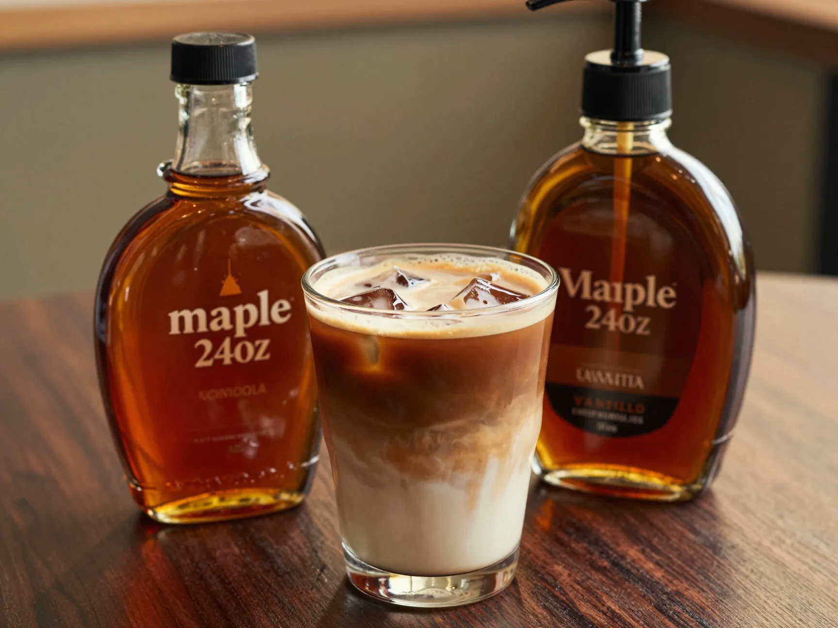 Maple and brown sugar syrup bottles beside latte