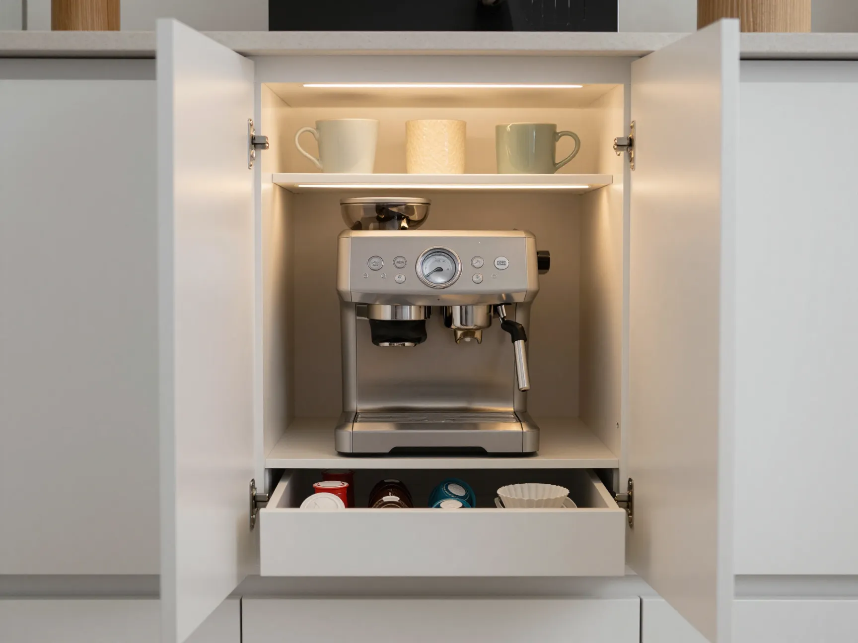 Open kitchen cabinet illuminated with soft led strip lighting inside