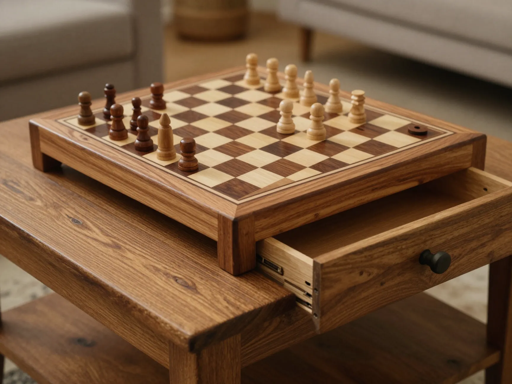 Wooden checkers set with builtin drawer on rustic coffee table