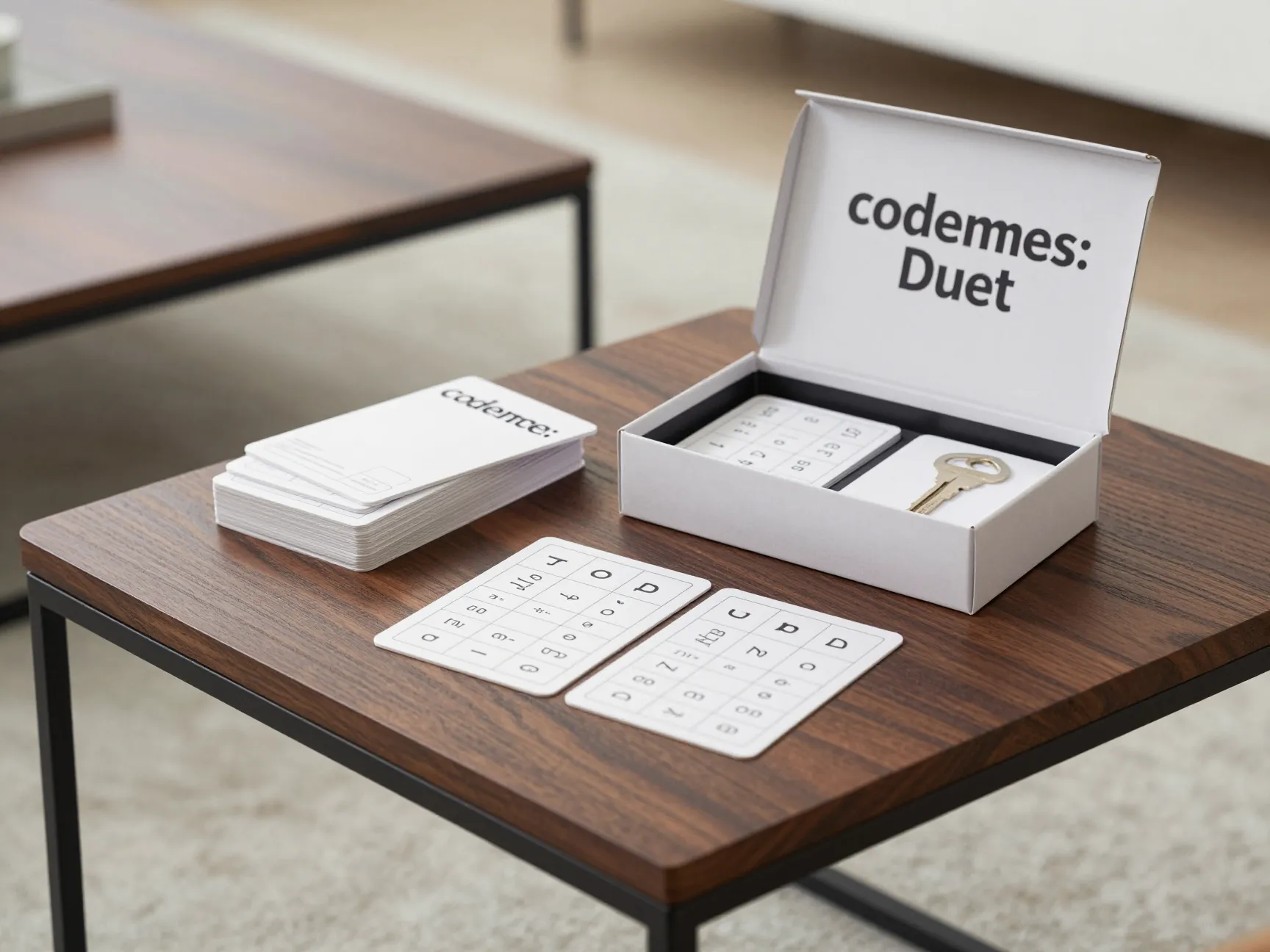 Codenames duet card game box open on a sleek side table