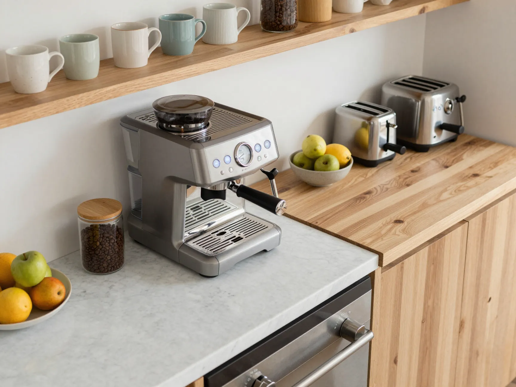 Marble slab coffee zone within a multi functional breakfast bar counter