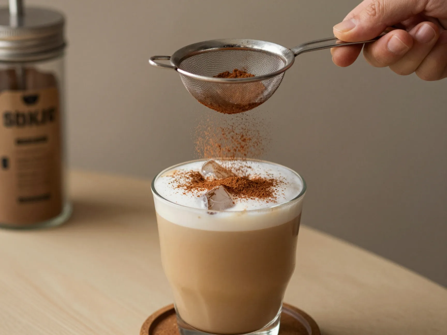 Latte dusted with cinnamon powder from sieve