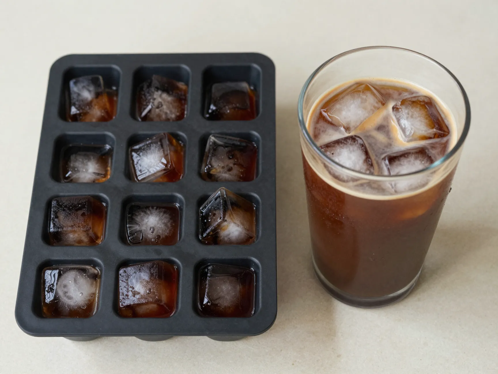 Coffee ice cubes in tray next to iced latte