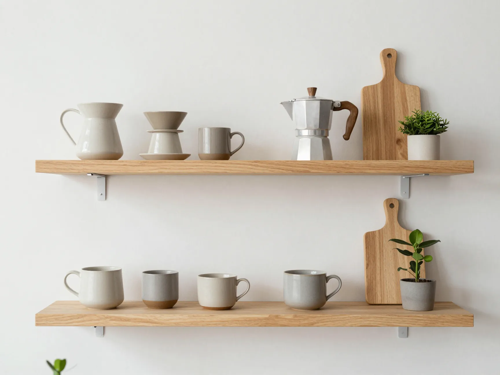 Light oak wall shelves displaying a curated scandinavian coffee setup