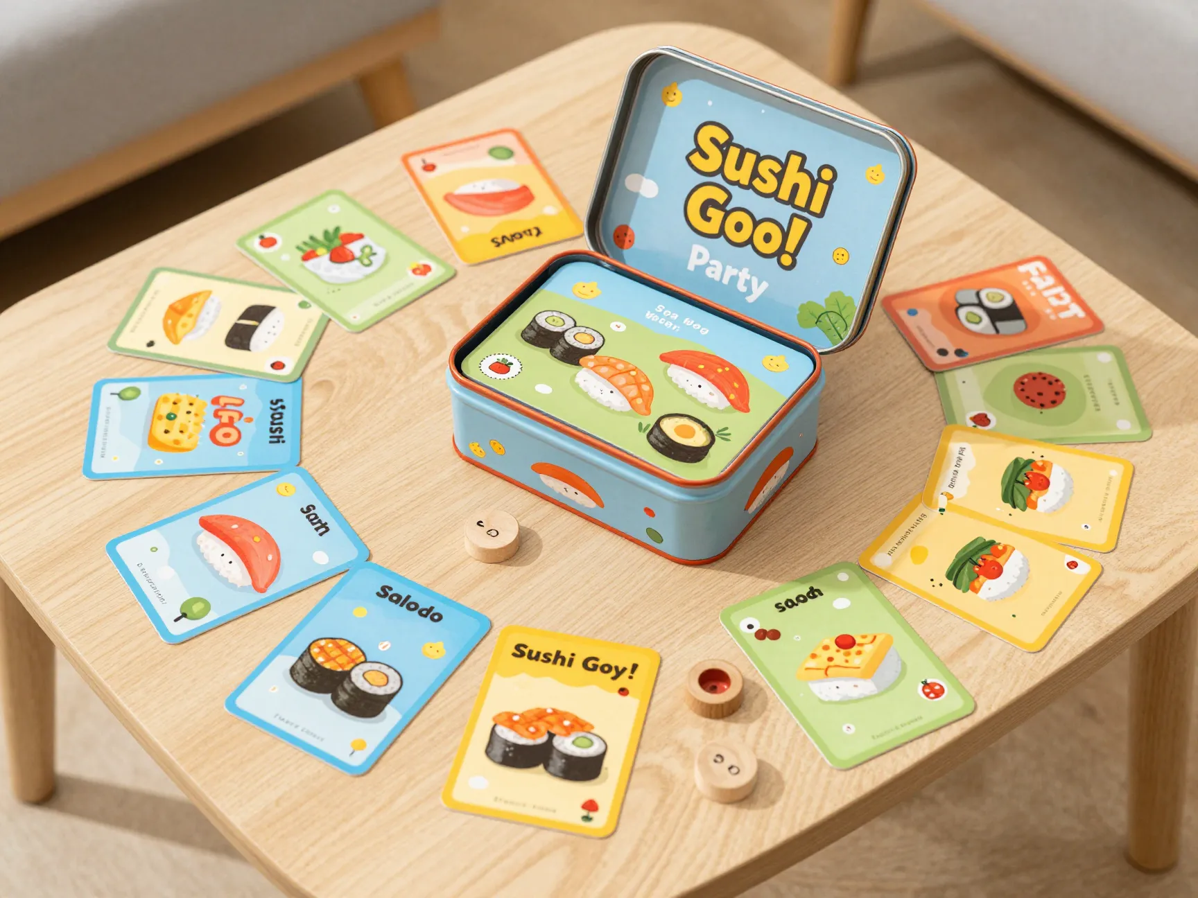 Sushi go party bento tin and colorful cards on table