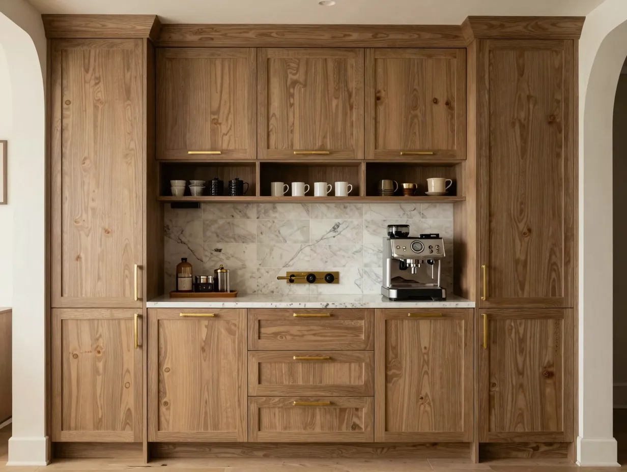 Custom built in coffee bar with integrated espresso machine and quartz countertop