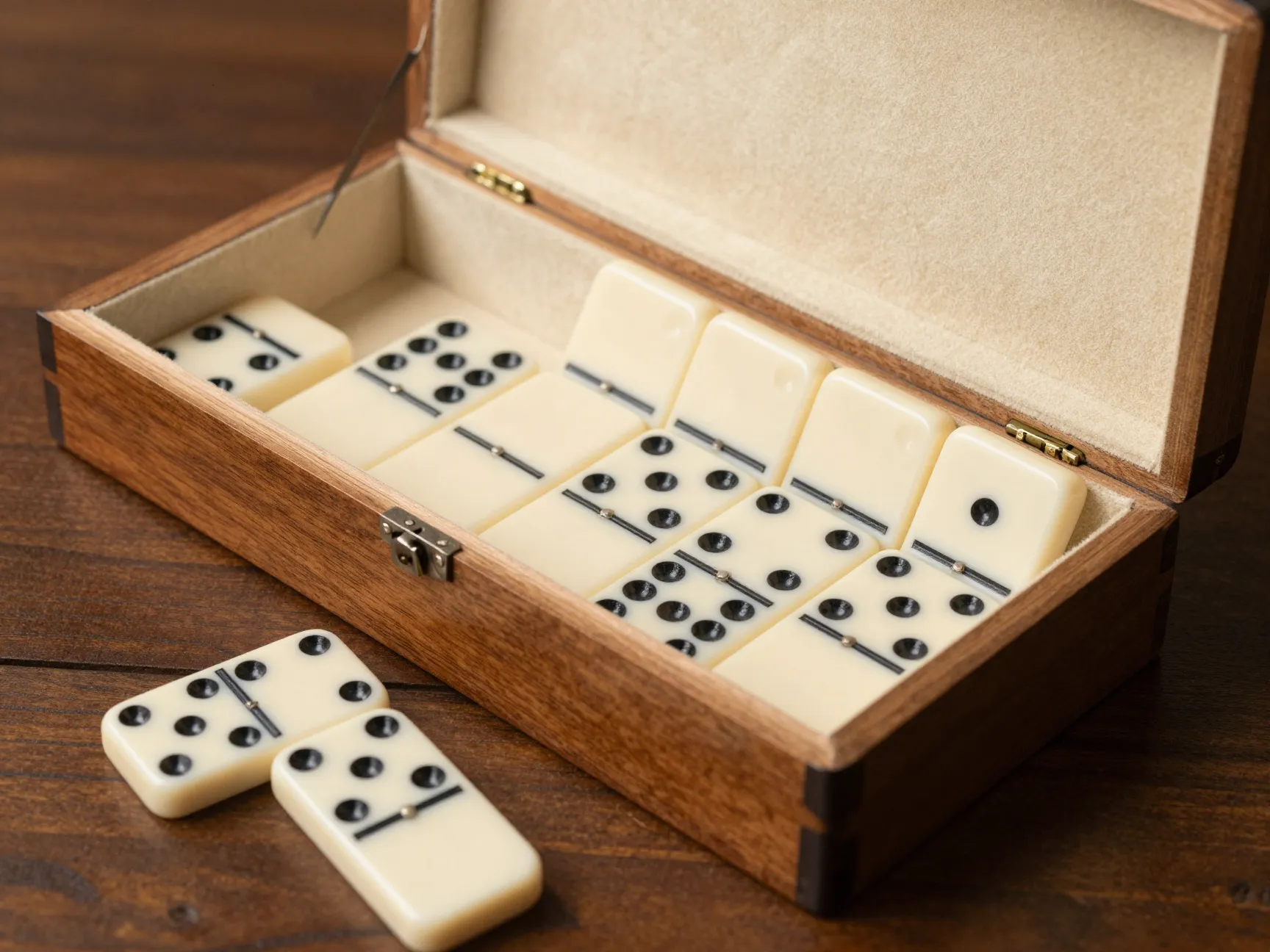 Dominoes set in a wooden box with tiles on felt lining