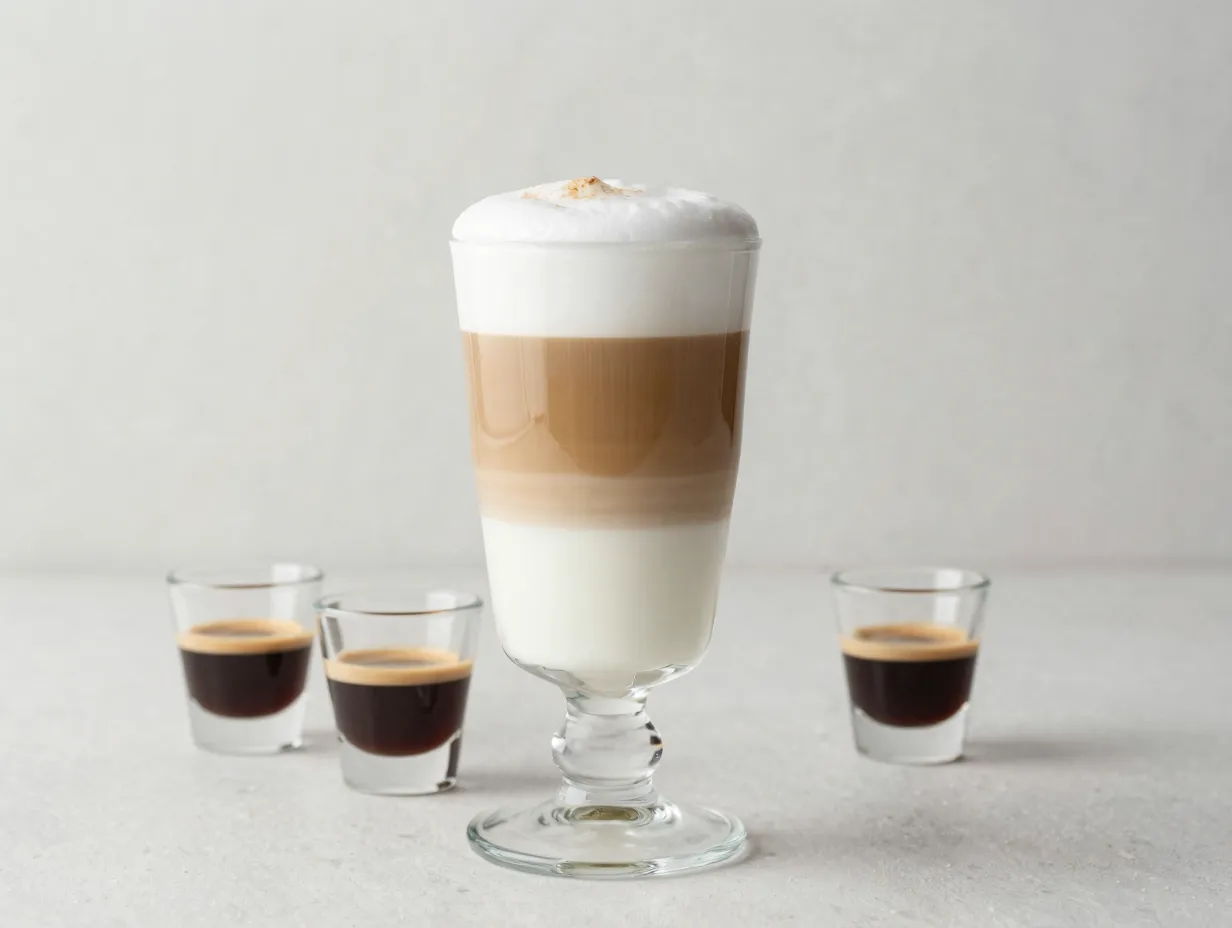 Vanilla latte in a clear glass with two espresso shots