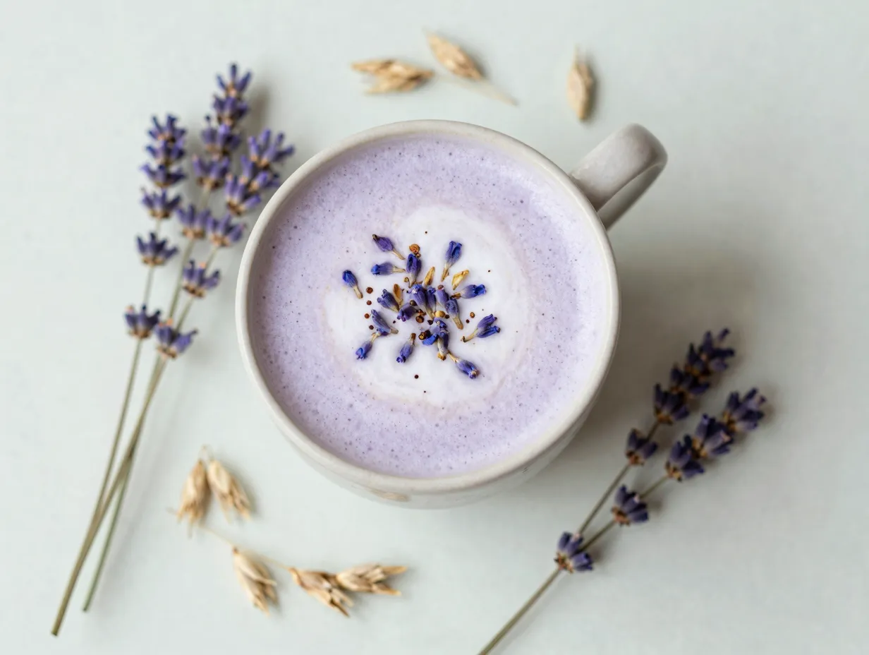 Lavender oat milk latte with soft purple hue