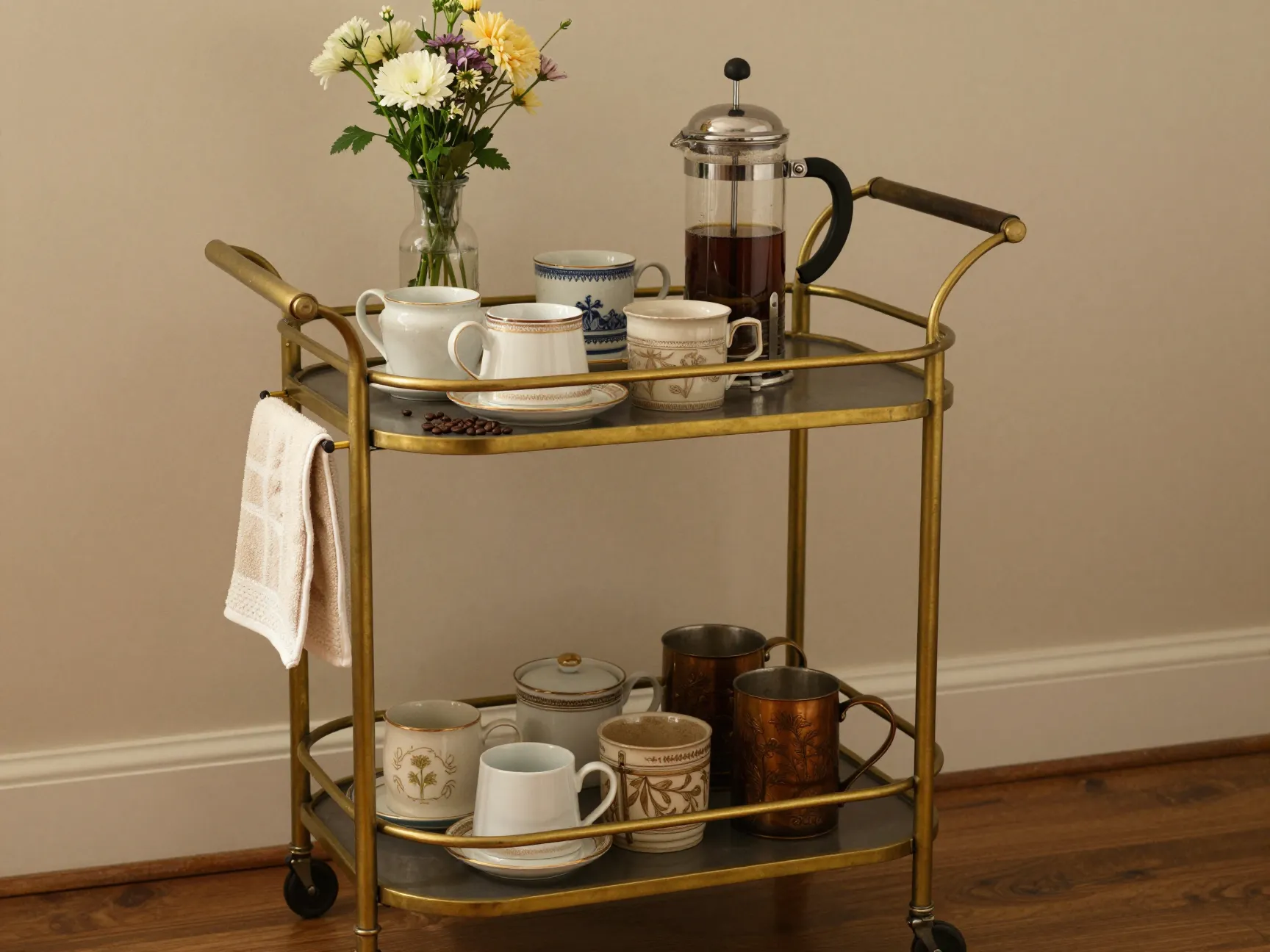 Rolling brass accented bar cart styled with a french press and vintage mugs