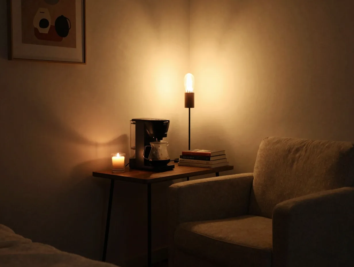 Cozy reading nook corner with a warm lit simple coffee station and armchair