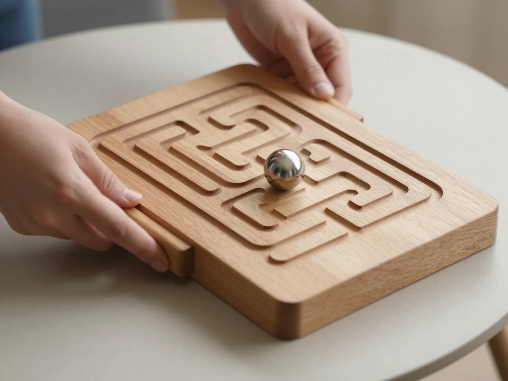 Wooden labyrinth puzzle with steel ball on tilt board
