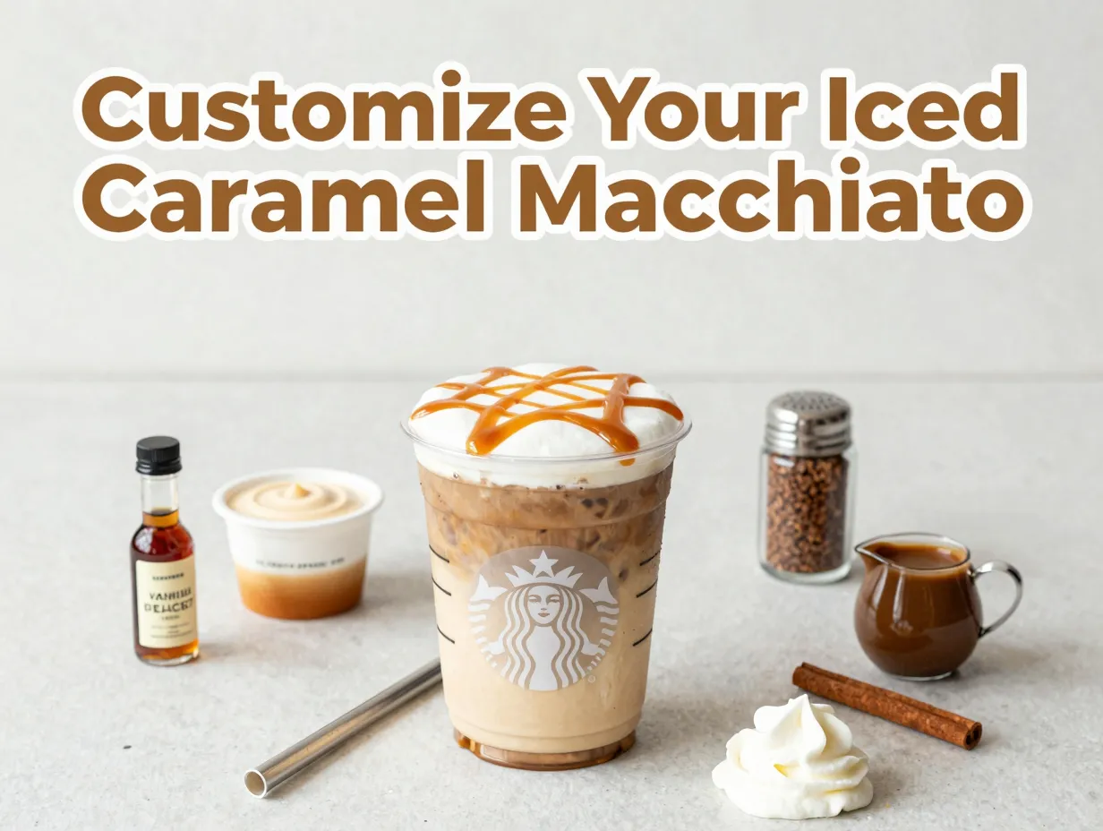 Caramel macchiato customization syrup cold foam drizzle straw flatlay