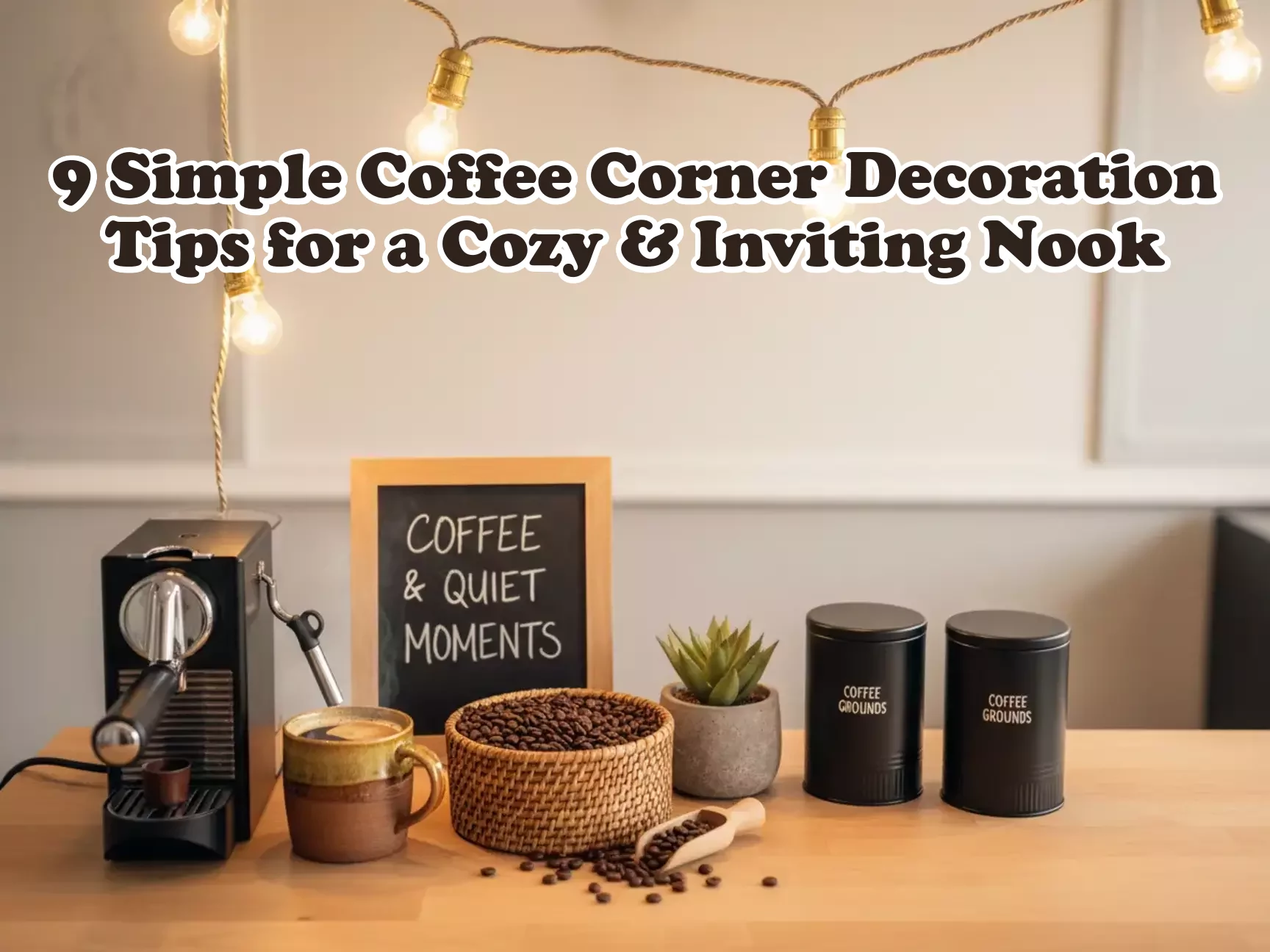 Cozy coffee nook espresso mug succulent basket chalkboard string light canisters main