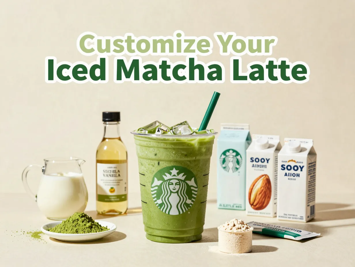 Green matcha latte surrounded by customization ingredients flat lay
