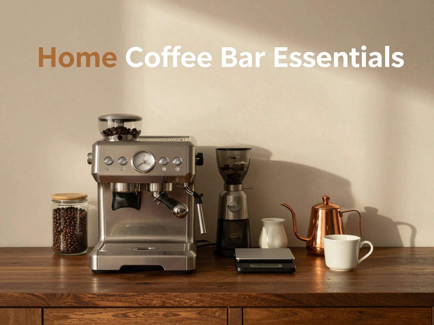 Stainless espresso machine burr grinder copper kettle coffee beans on wood