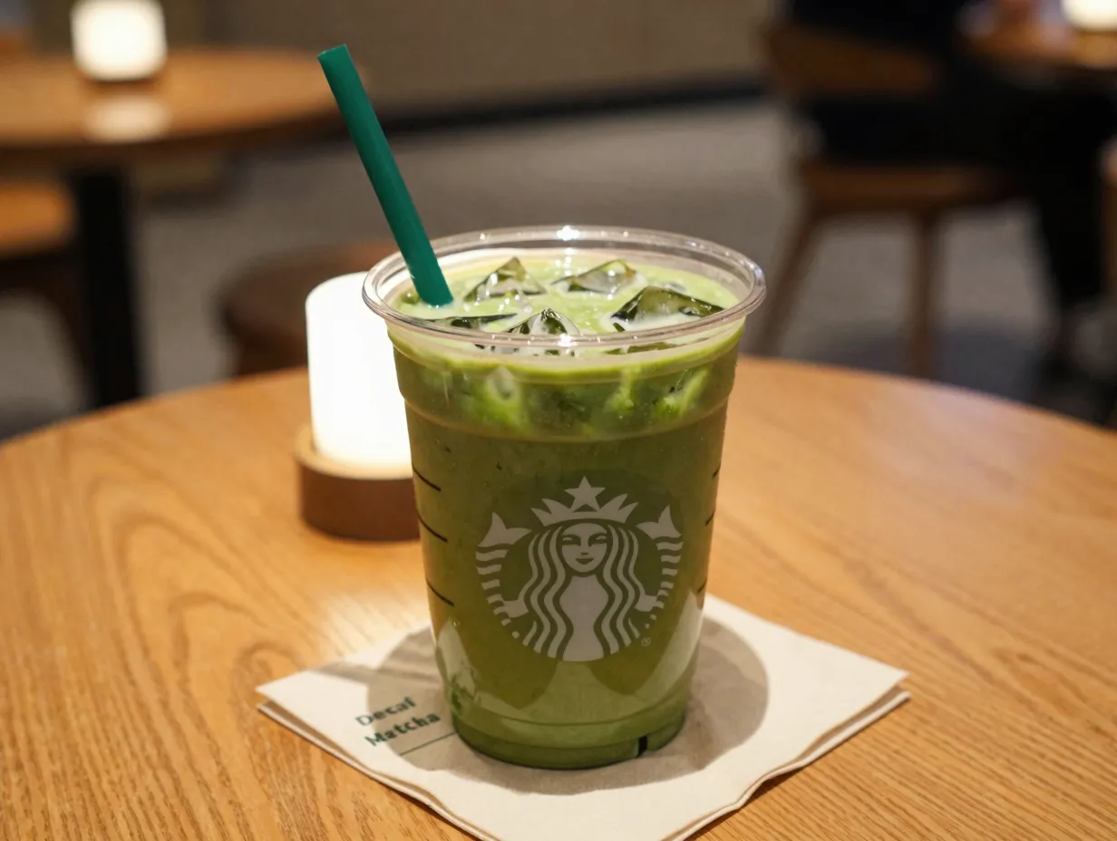 Decaf matcha iced latte in a clear cup on a cozy evening cafe table