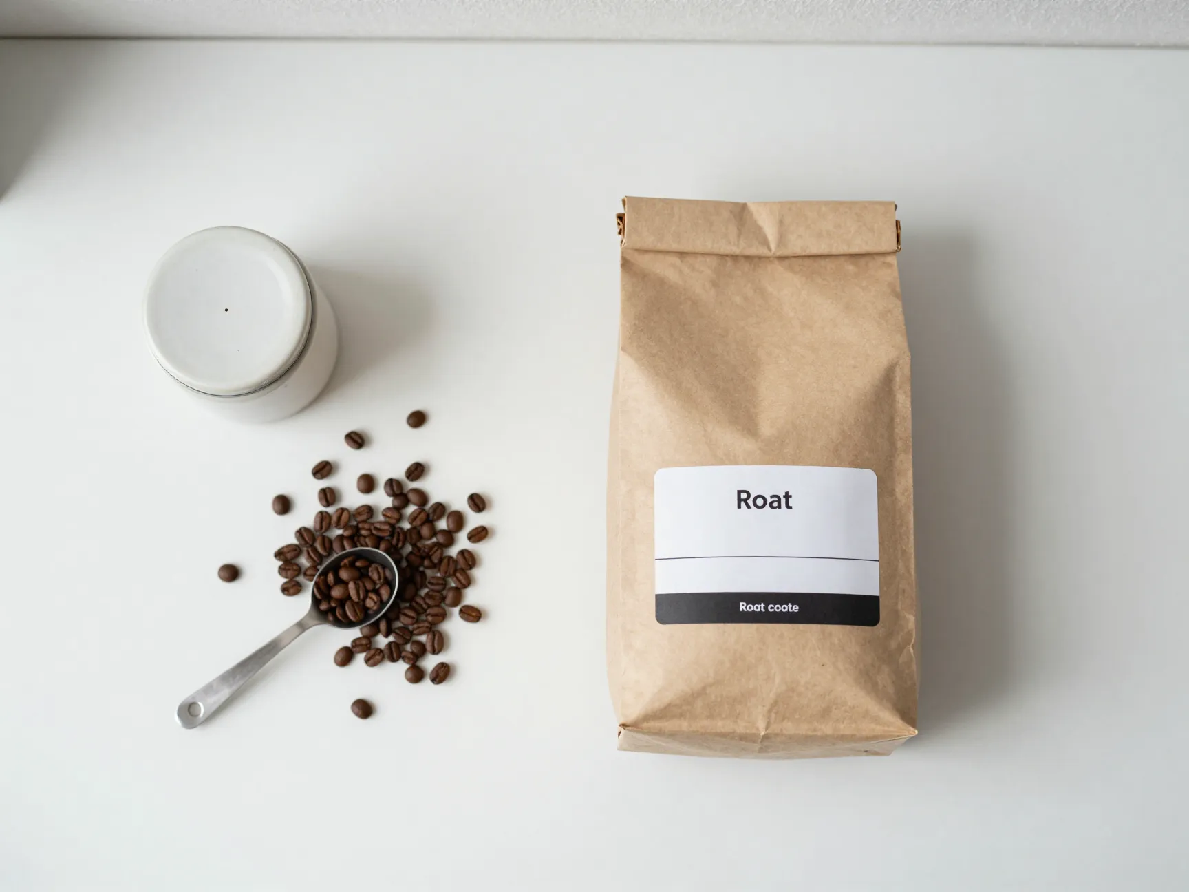 Overhead coffee bean bag spilling onto marble counter with ceramic canister
