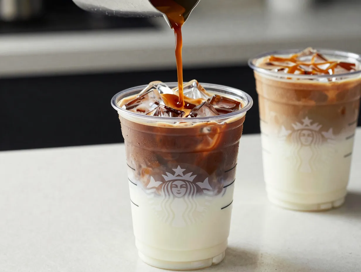 Upside down iced caramel macchiato layered presentation with espresso poured
