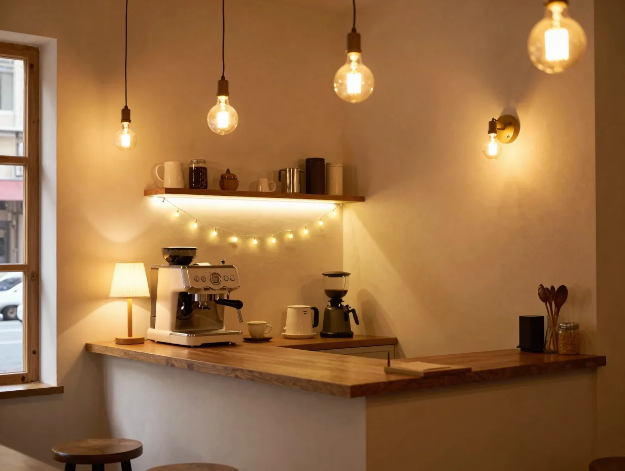 Warm layered lighting coffee corner with multiple sources