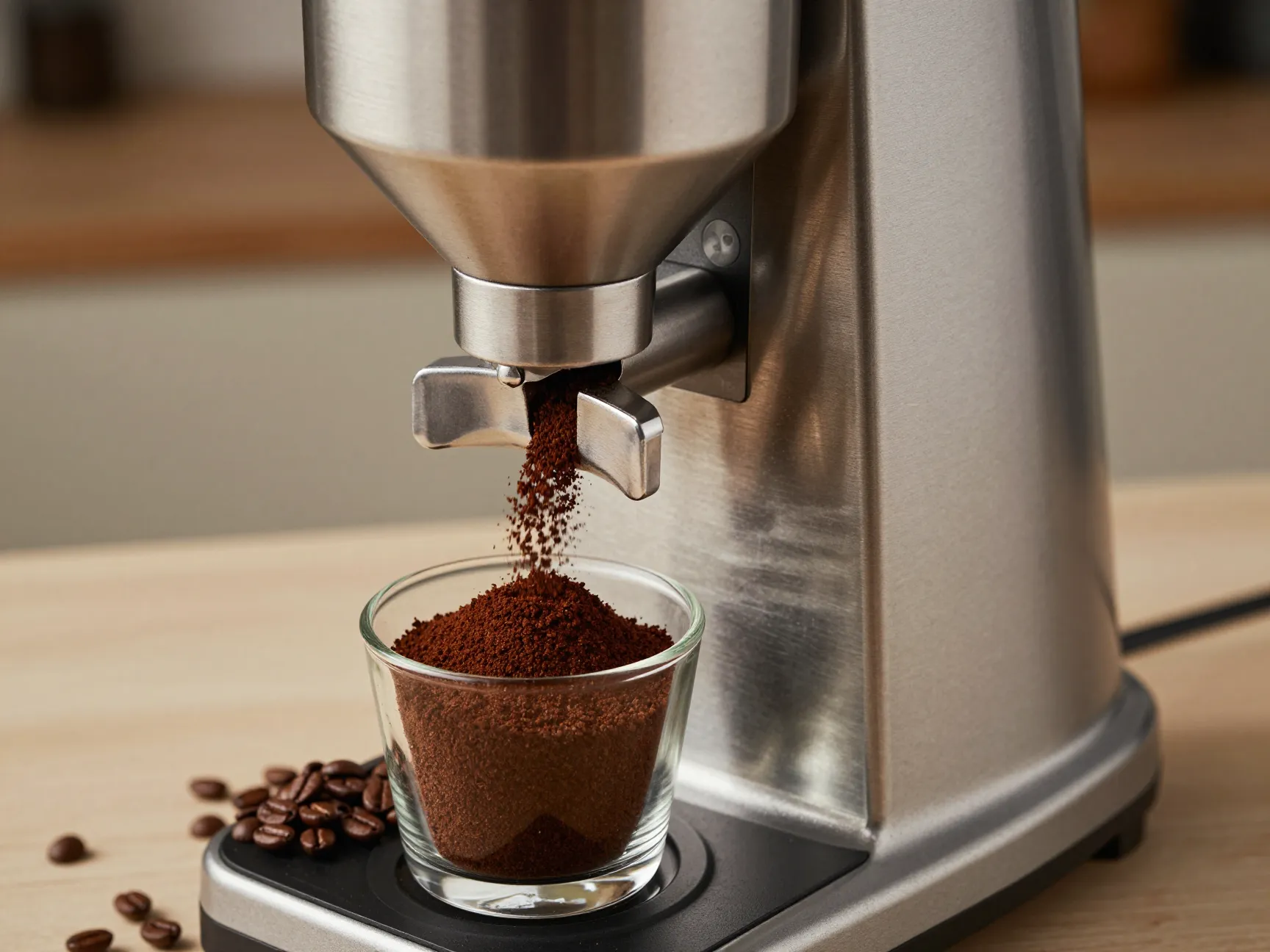 Burr grinder dispensing fresh grounds into glass catch cup