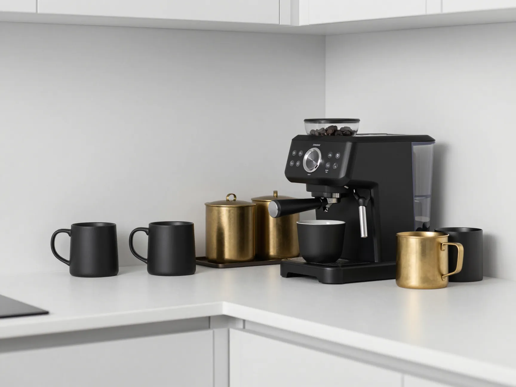 Cohesive modern minimalist coffee corner color scheme