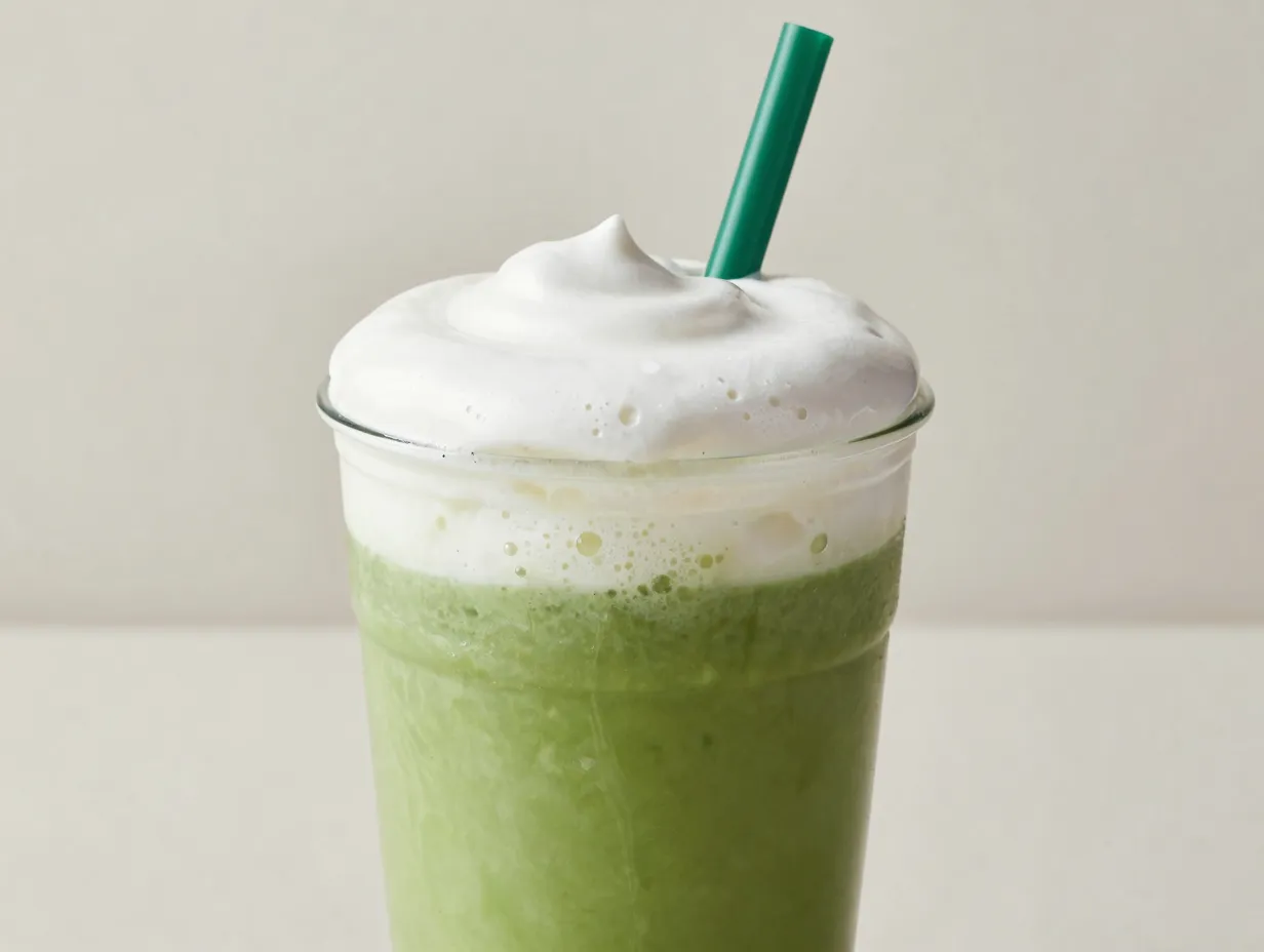 Iced matcha latte with layered vanilla sweet cream cold foam on top