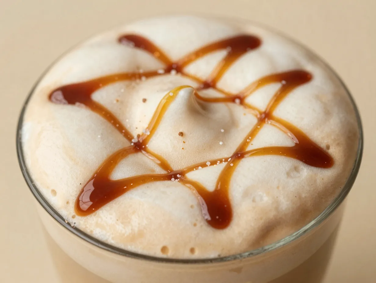 Salted caramel cream cold foam topping on an iced macchiato with drizzles