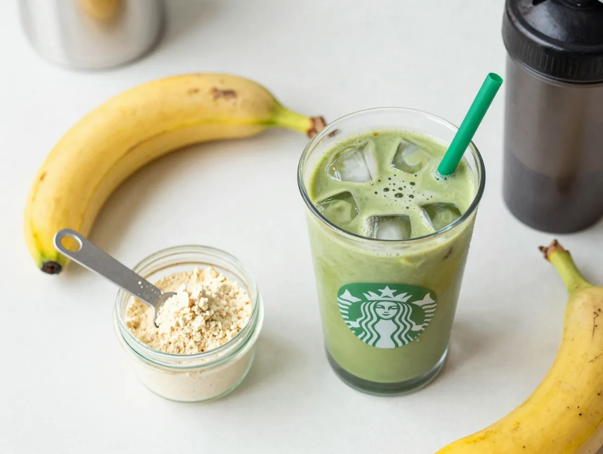 Iced matcha latte with a scoop of banana protein powder beside it
