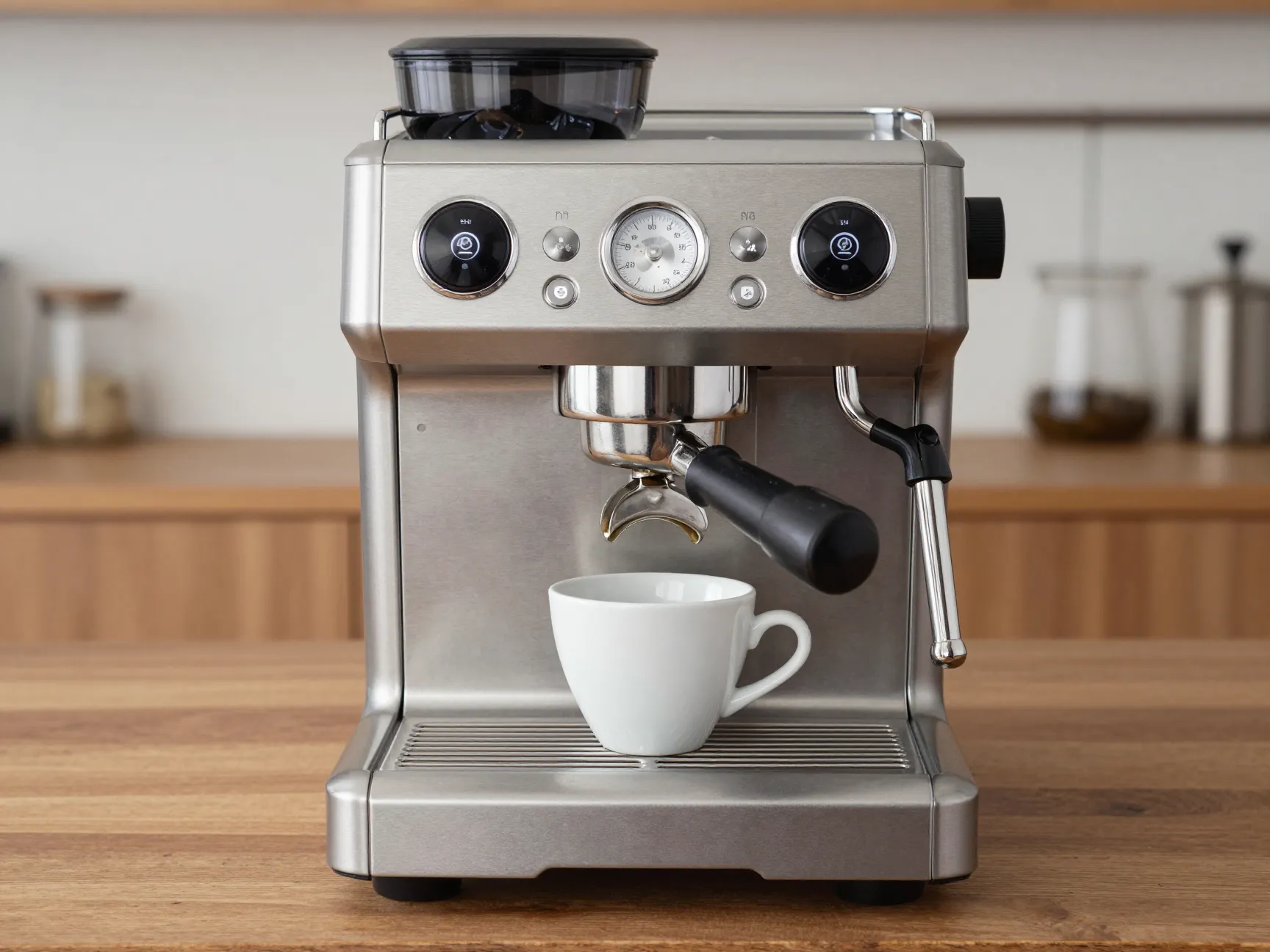 Semi automatic espresso machine with portafilter on wood counter