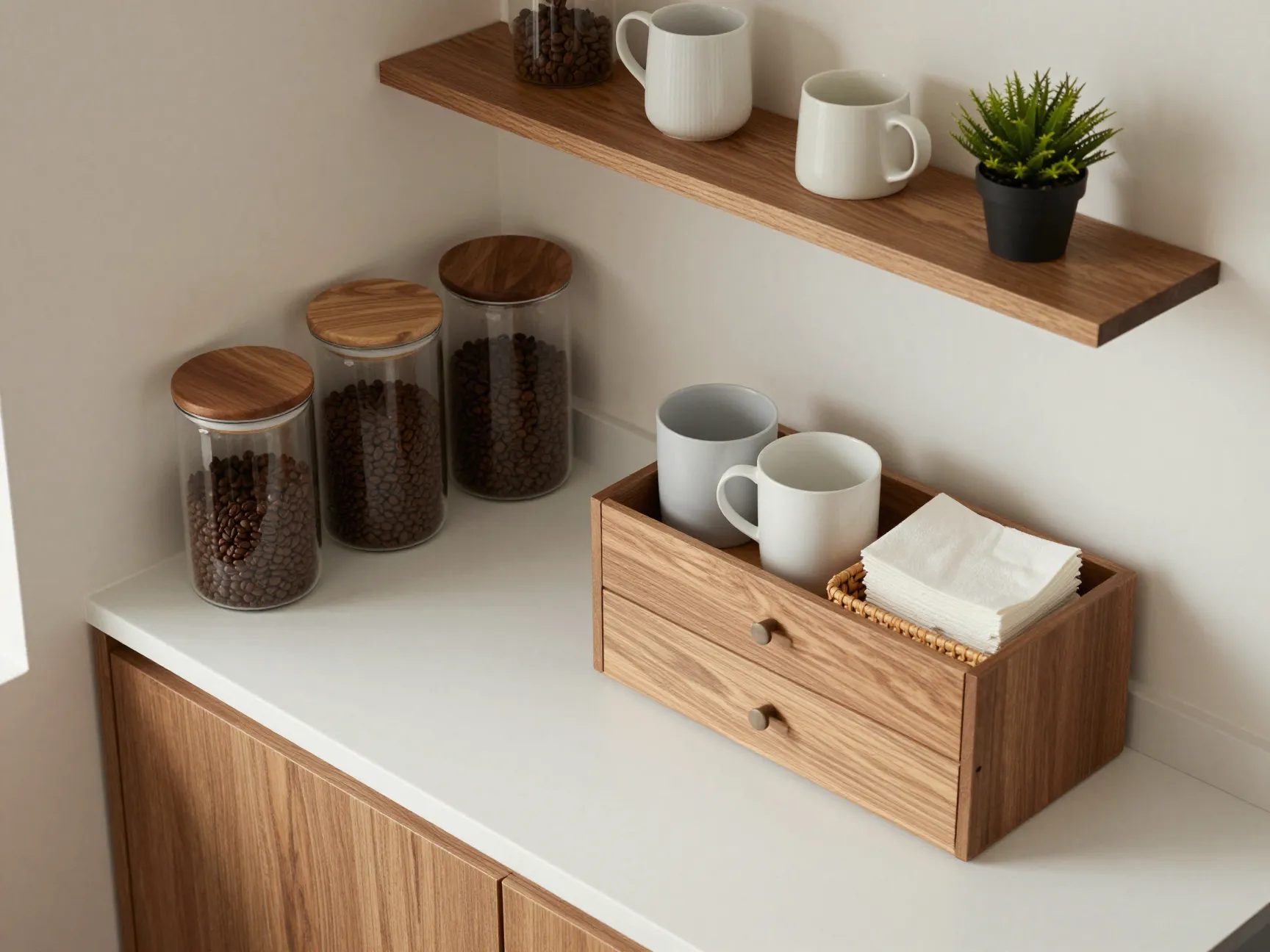 Stylish functional storage coffee corner with clean counters