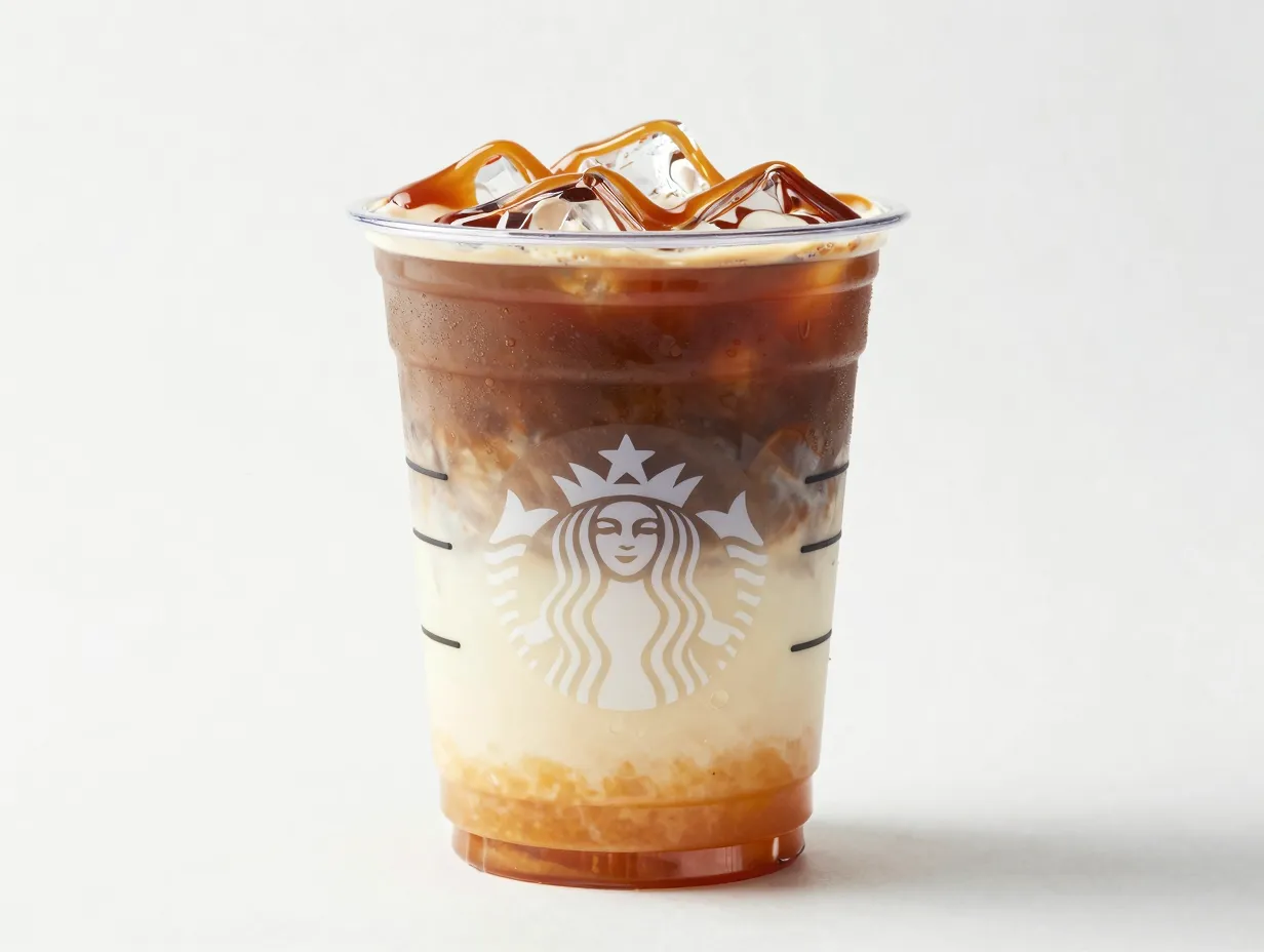 Caramel syrup swap in base of layered iced macchiato drink