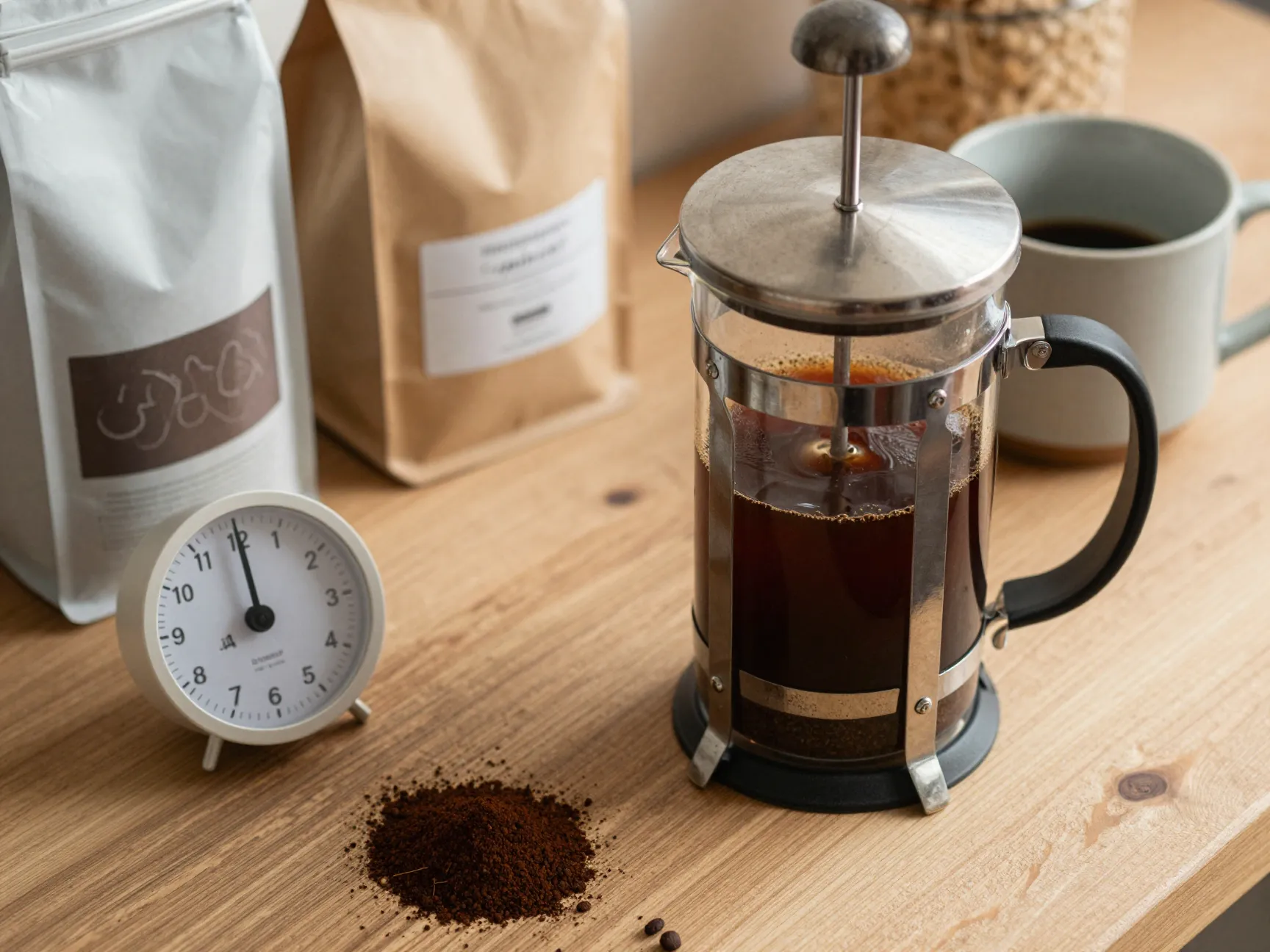 French press brewing on counter with timer and coffee bag