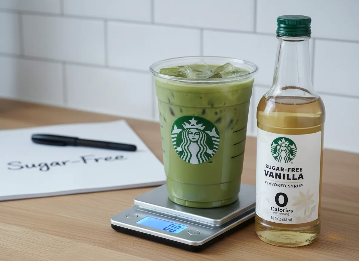 Sugar free vanilla syrup bottle next to an iced matcha latte on a scale