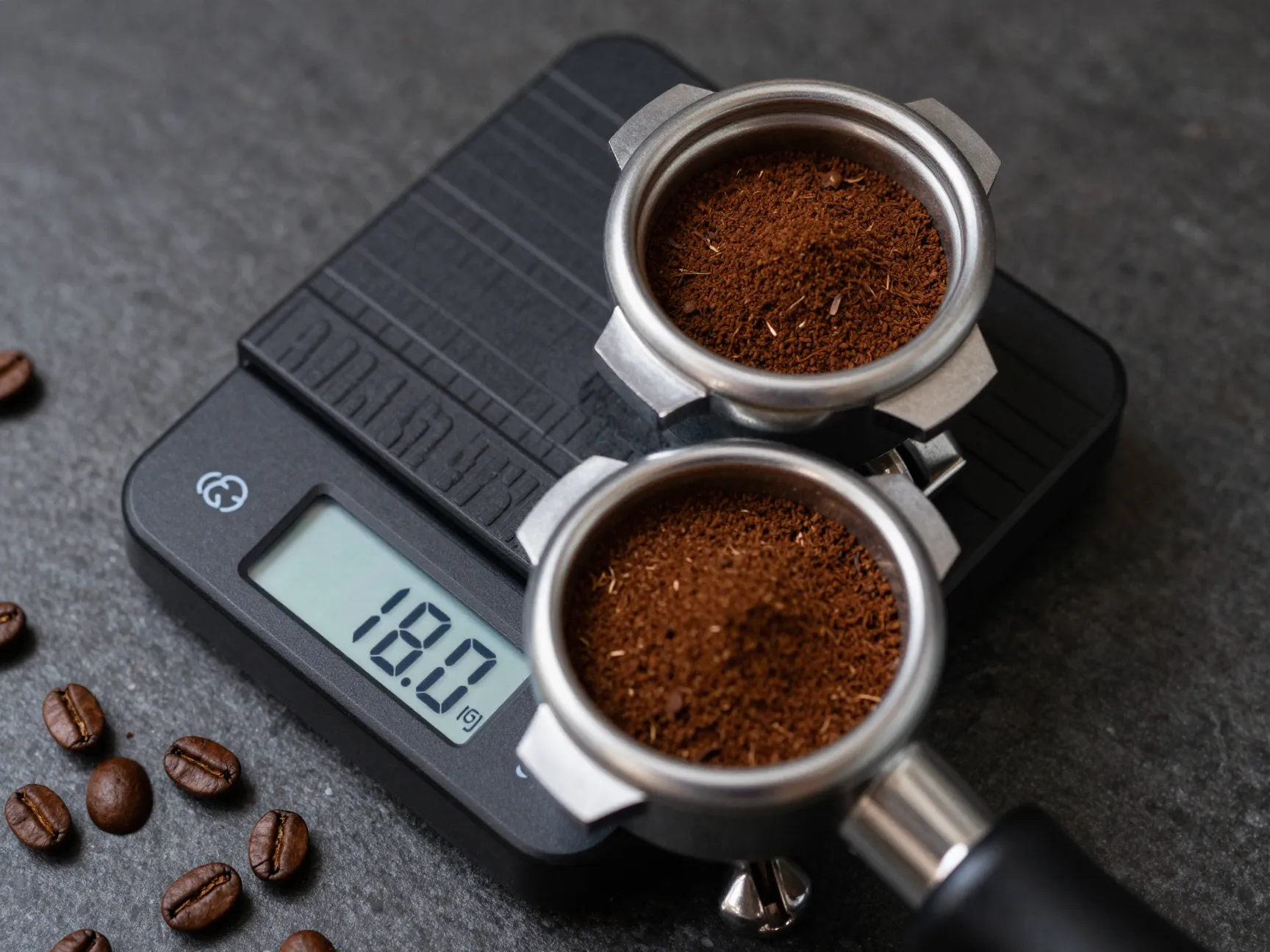 Digital scale with espresso portafilter and coffee beans