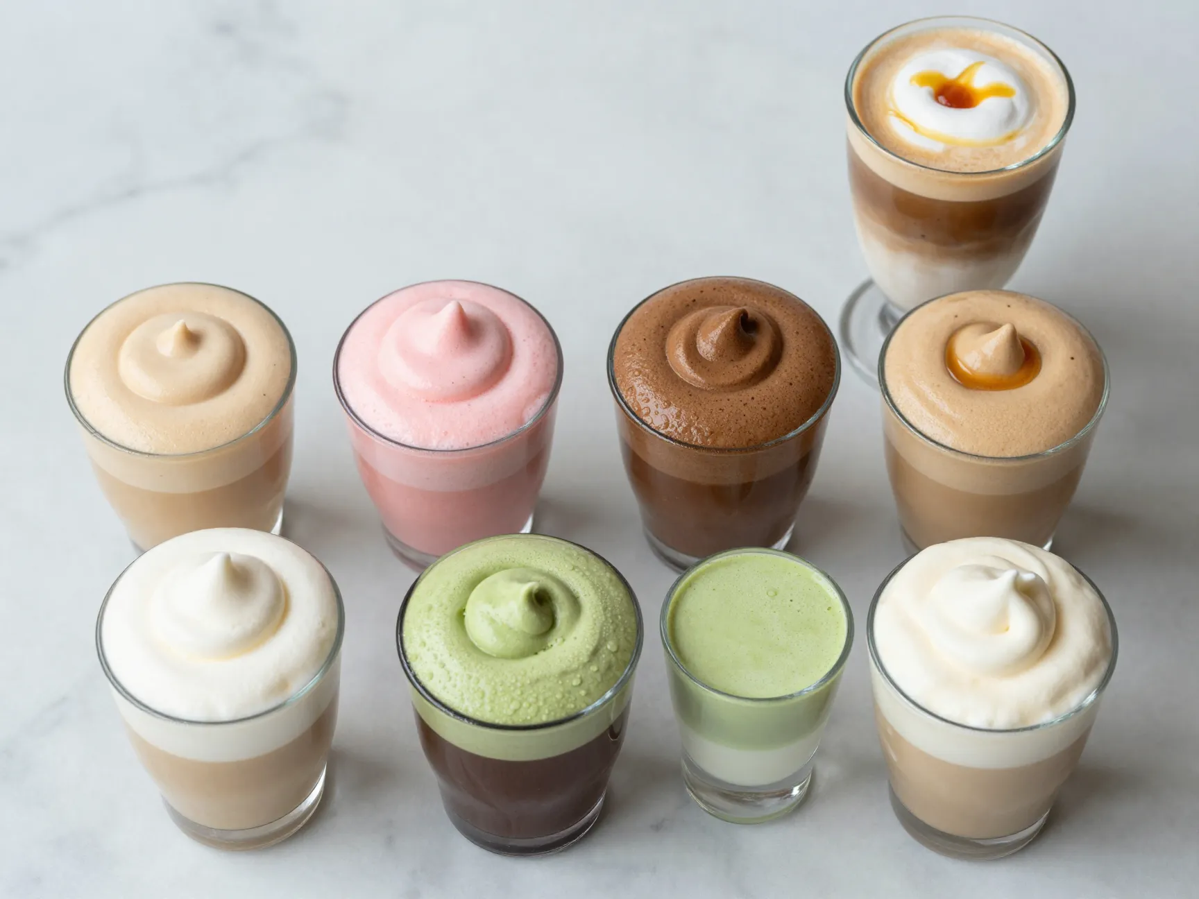Assorted flavored cold foam options for iced caramel macchiato drinks
