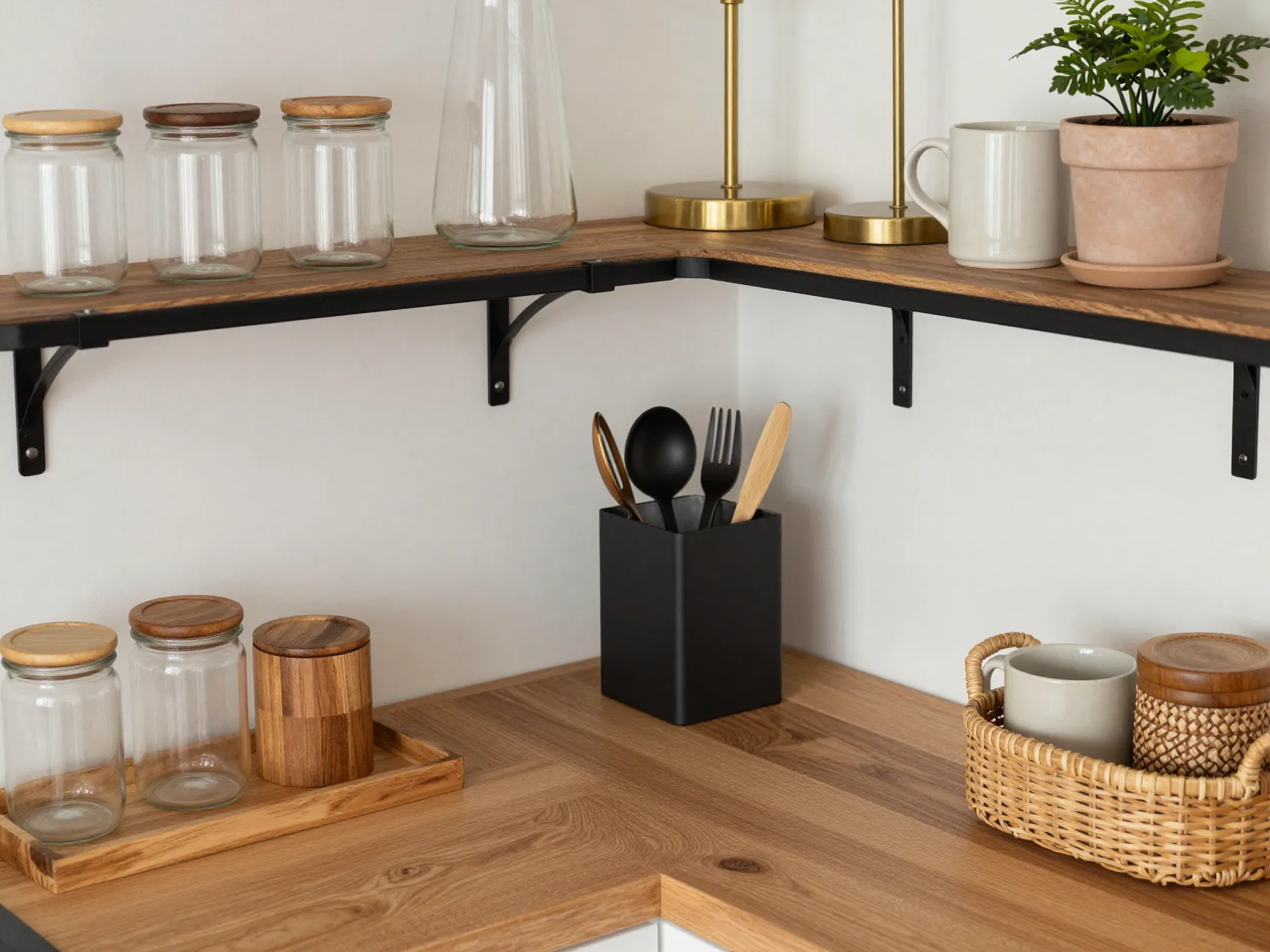 Coffee corner with elevated wood glass matte metal materials